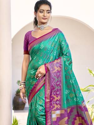rama green color woven work pochampally art silk blend saree 3
