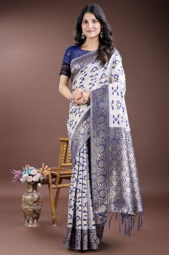 navy blue color woven work linen cotton saree