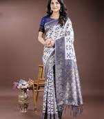 navy blue color woven work linen cotton saree