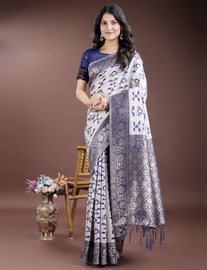 navy blue color woven work linen cotton saree