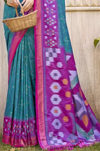 rama Blue color woven work pochampally art silk blend saree