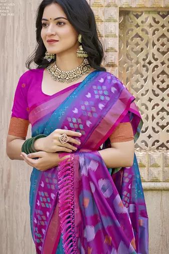 rama Blue color woven work pochampally art silk blend saree