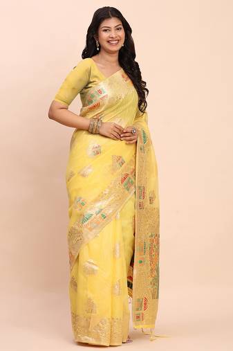 yellow color woven work linen cotton saree
