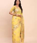 yellow color woven work linen cotton saree