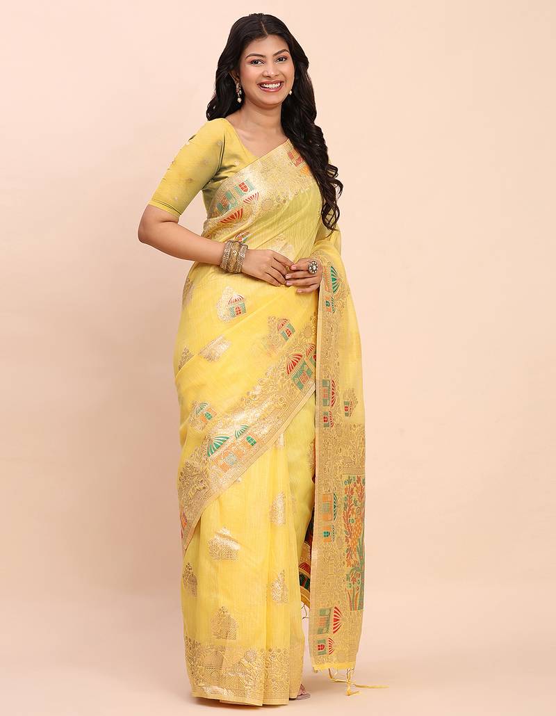 yellow color woven work linen cotton saree