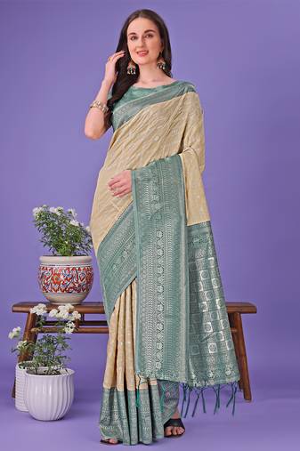 cream color woven lichi art silk blend saree 