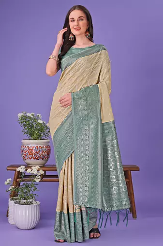 cream color woven lichi art silk blend saree 