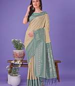 cream color woven lichi art silk blend saree 