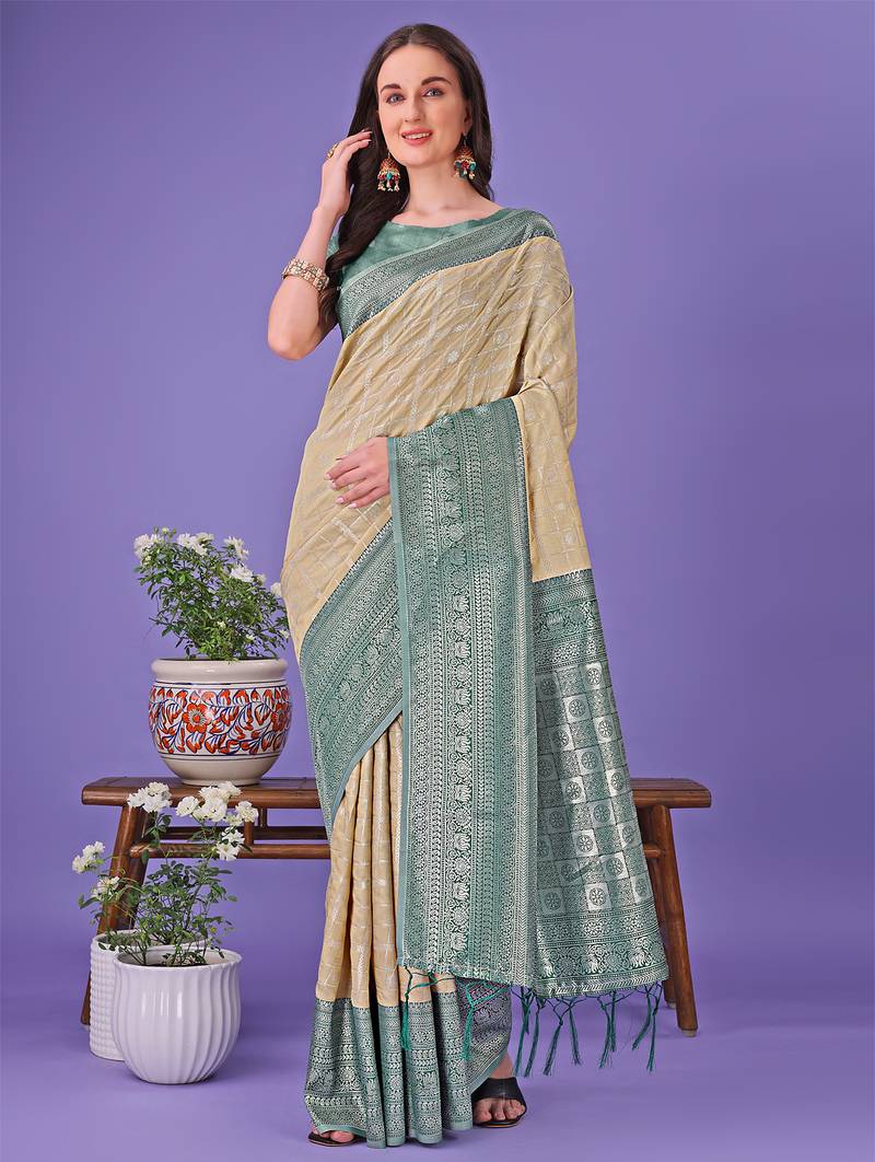 cream color woven lichi art silk blend saree 
