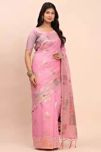 pink color woven work linen cotton saree