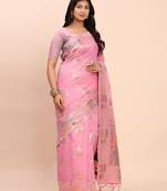 pink color woven work linen cotton saree