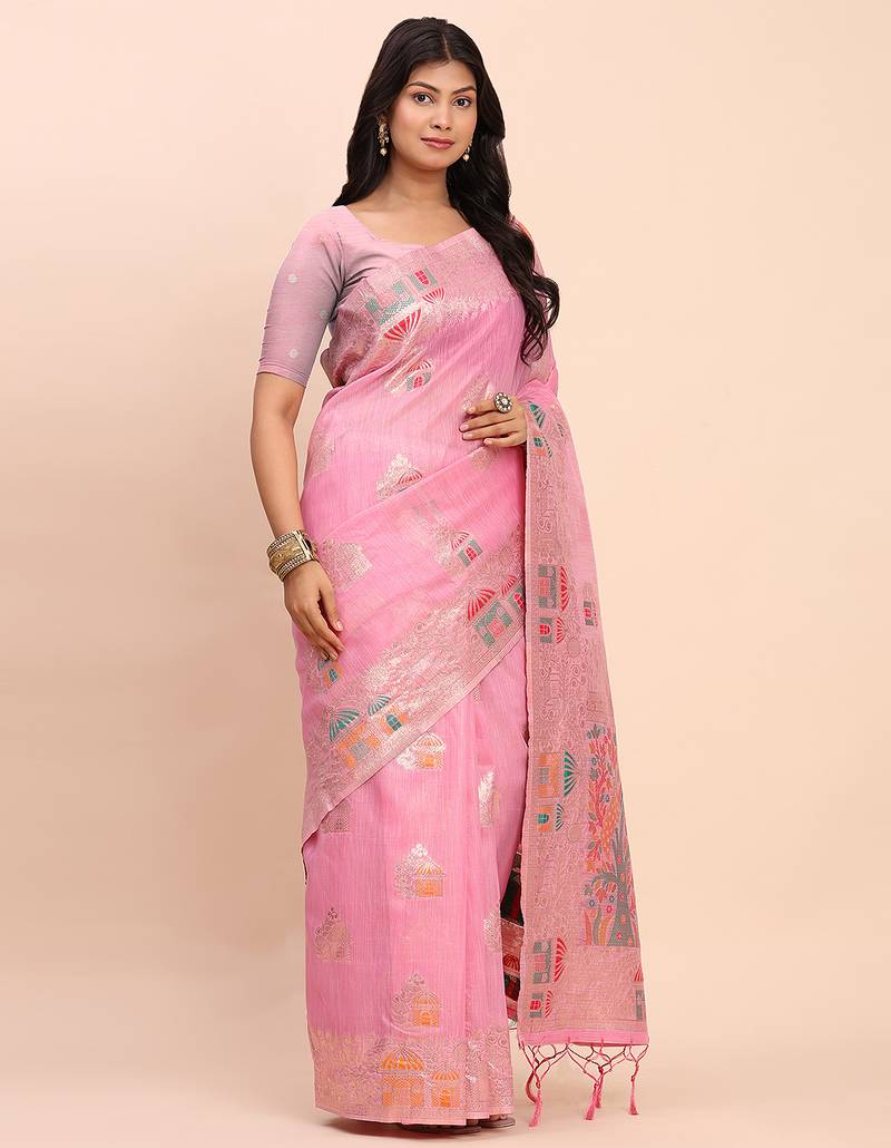 pink color woven work linen cotton saree