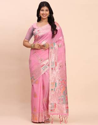pink color woven work linen cotton saree 2
