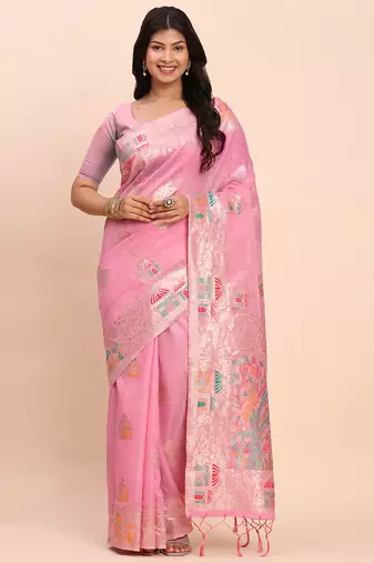 pink color woven work linen cotton saree