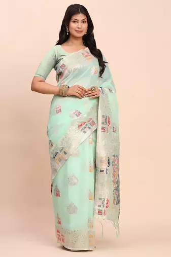 sea green color woven work linen cotton saree
