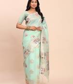 sea green color woven work linen cotton saree