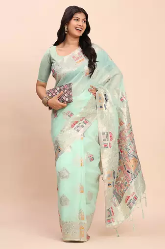 sea green color woven work linen cotton saree