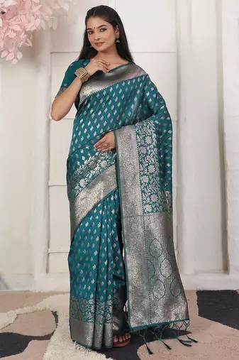 rama color woven work lichi art silk blend saree