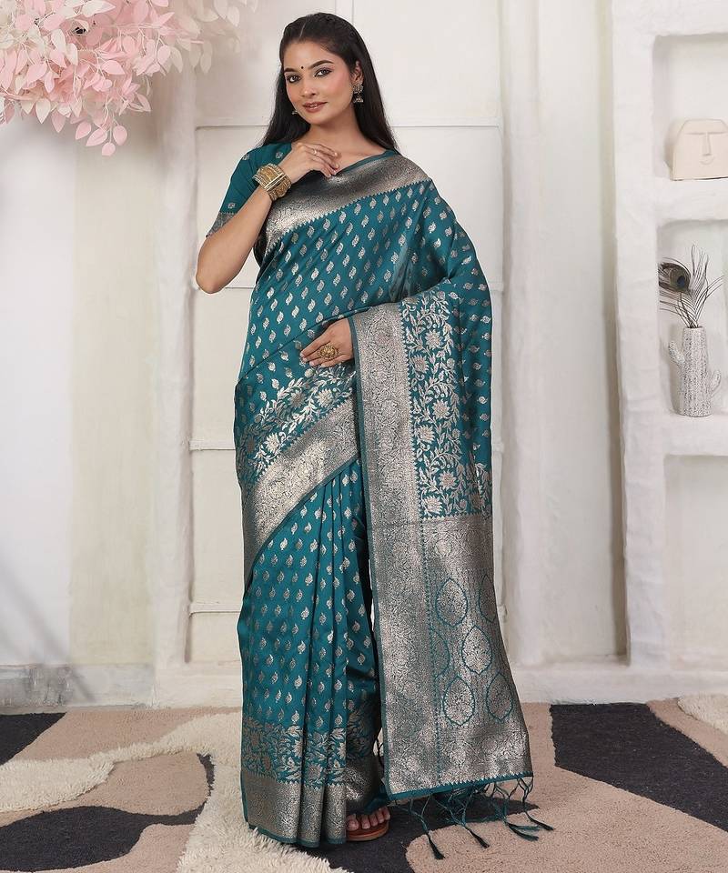 rama color woven work lichi art silk blend saree