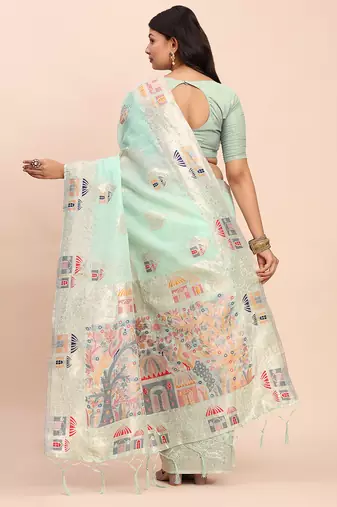 sea green color woven work linen cotton saree