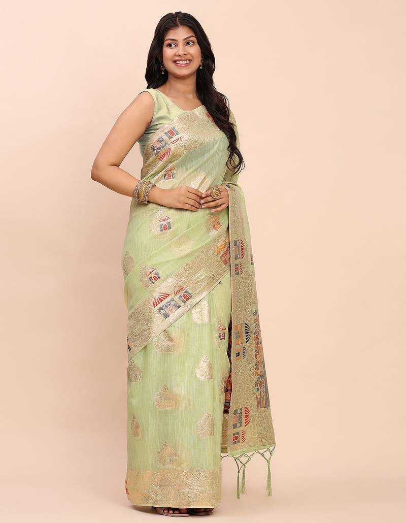 light green color woven work linen cotton saree