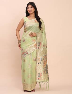 light green color woven work linen cotton saree 2