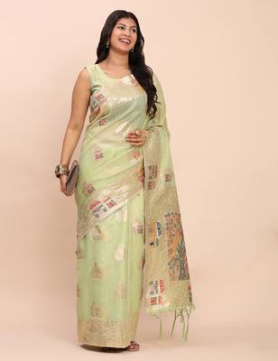 light green color woven work linen cotton saree 3