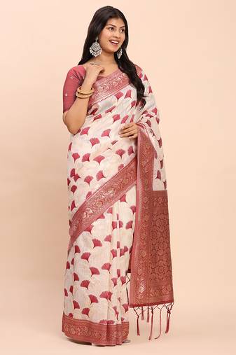 maroon color woven work linen cotton saree