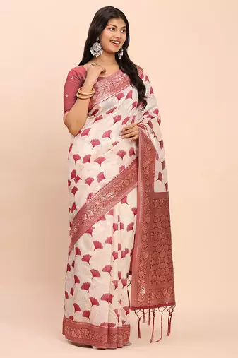 maroon color woven work linen cotton saree