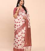 maroon color woven work linen cotton saree