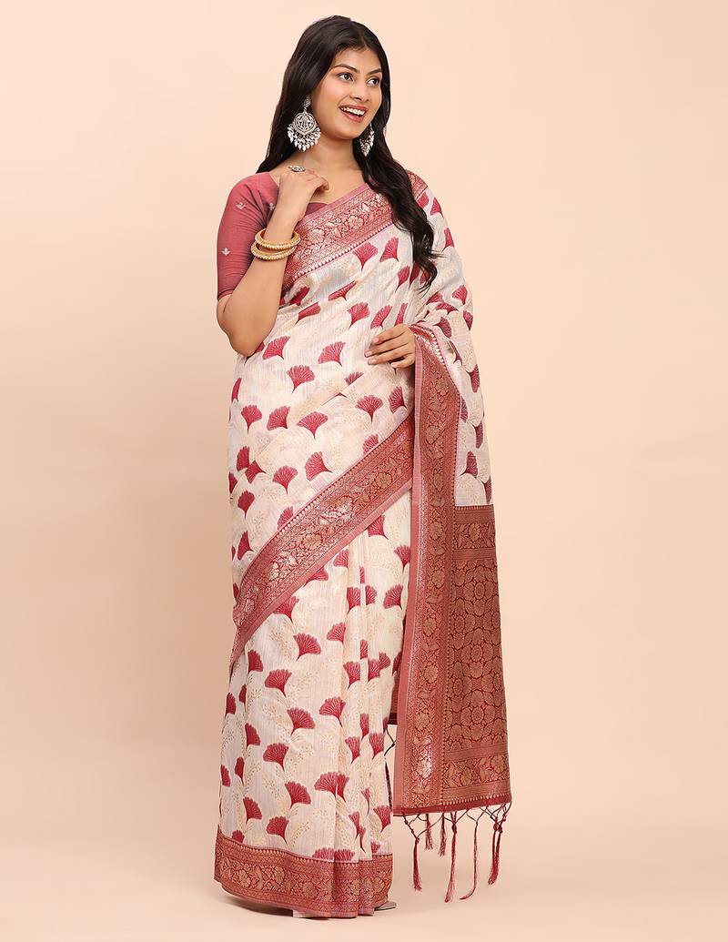 maroon color woven work linen cotton saree