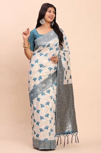 sky blue color woven work linen cotton saree