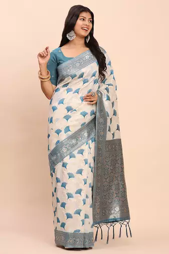 sky blue color woven work linen cotton saree