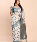 sky blue color woven work linen cotton saree