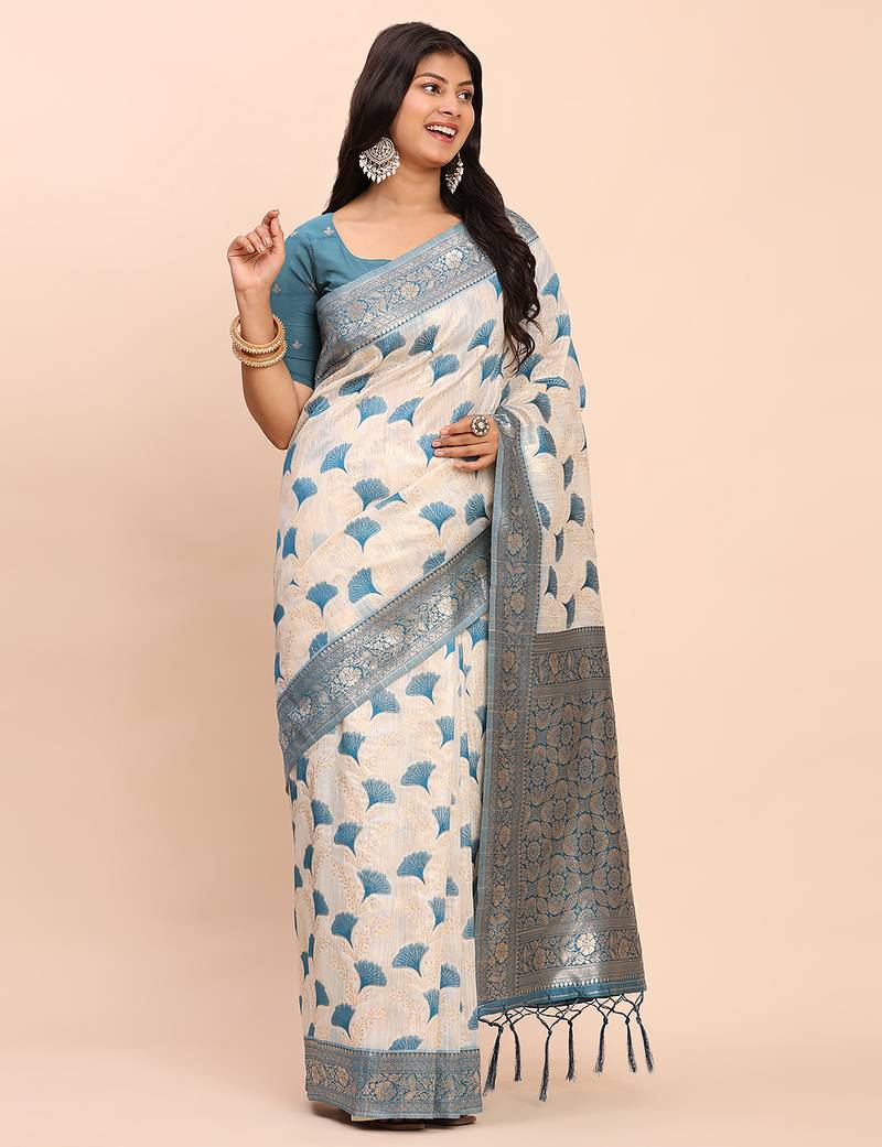 sky blue color woven work linen cotton saree