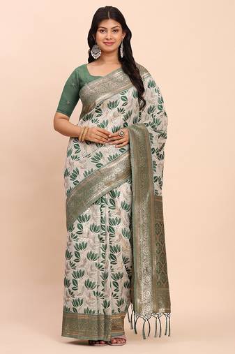 green color woven work linen cotton saree
