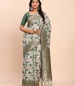 green color woven work linen cotton saree