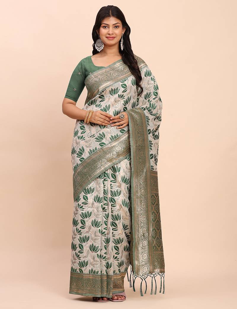 green color woven work linen cotton saree