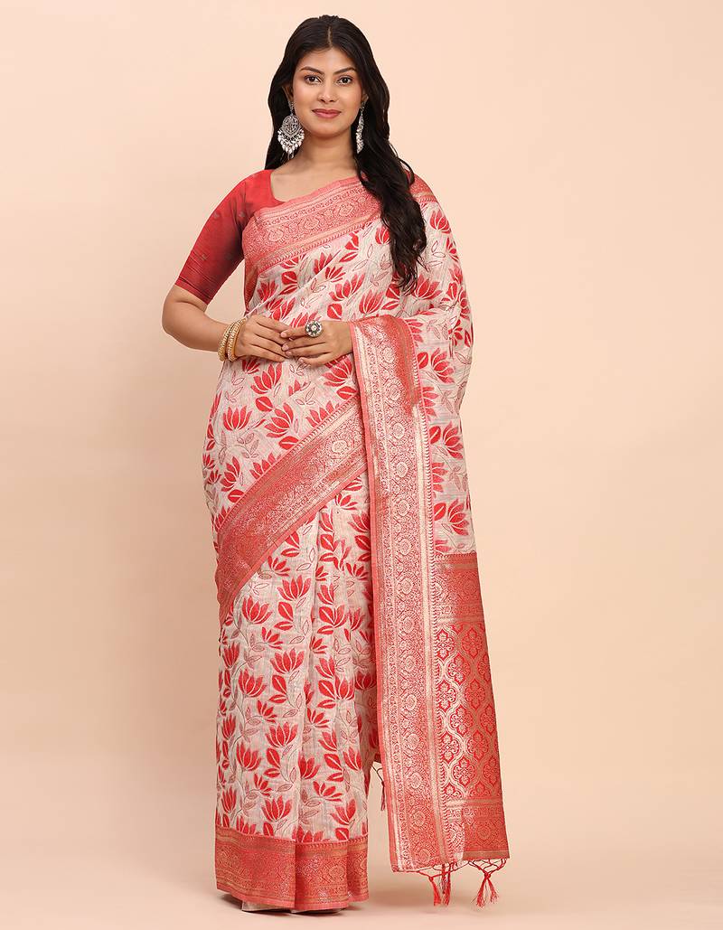 red color woven work linen cotton saree