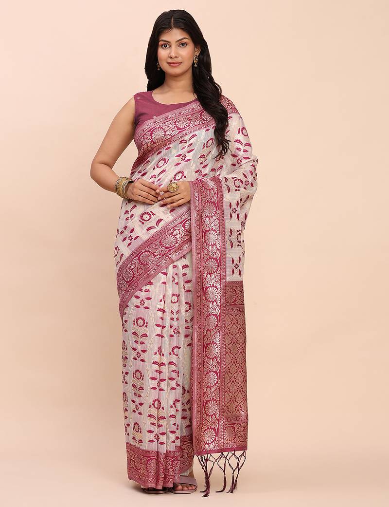 purple color woven work linen cotton saree