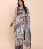 navy blue color woven work linen cotton saree