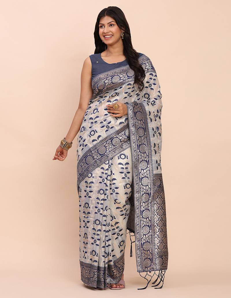 navy blue color woven work linen cotton saree