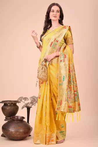 yellow color woven work linen cotton saree