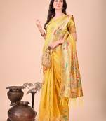 yellow color woven work linen cotton saree