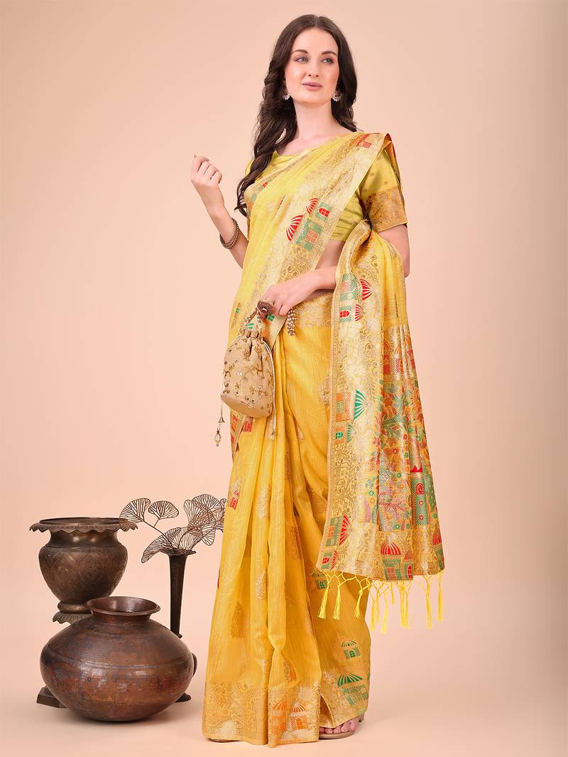 yellow color woven work linen cotton saree