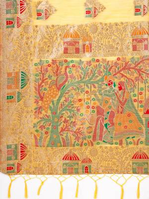 yellow woven work linen cotton saree 4
