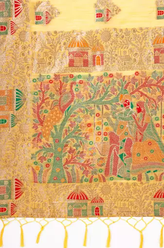 yellow woven work linen cotton saree