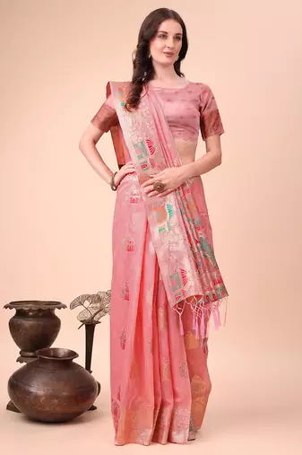 pink color woven work linen cotton saree