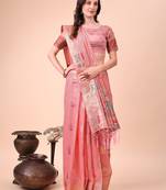 pink color woven work linen cotton saree