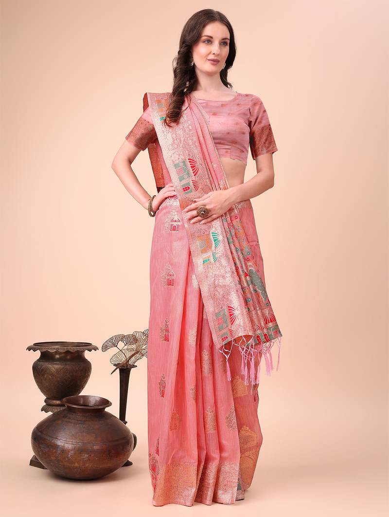 pink color woven work linen cotton saree